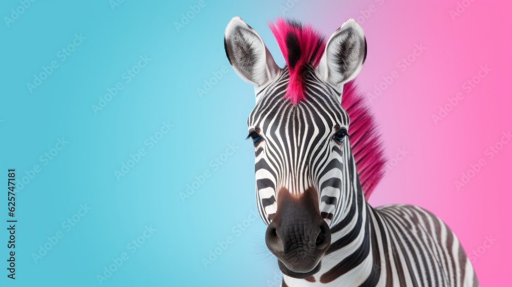 Close up portrait of zebra with pink neck hair. Gradient blue and pink background with copy space Close up portrait of zebra with pink neck hair. Gradient blue and pink background with copy space