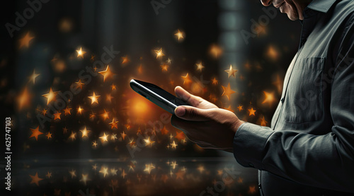 a man holds his mobile phone in his hand and rates purchased internet products with stars. Generative AI