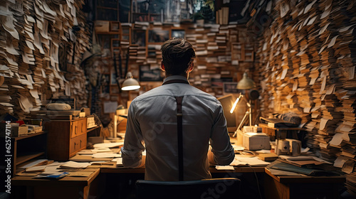 back view of a man in his office which is overflowing with work. Notes and documents are spread all over the walls too. Generative AI