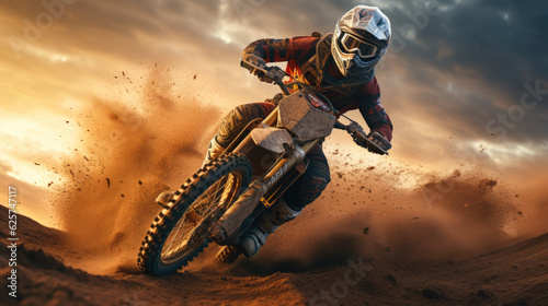 a racer on a cross machine drives through a desert and whirls up a lot of sand. Generative AI