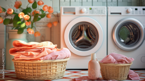 freshly washed laundry in a tidy room with washing machine in the background. Generative AI