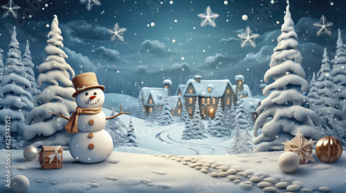creative illustration of a snowman and a decorated fir tree in the background you can see a small town covered with white snow. christmas winter concept. Generative AI