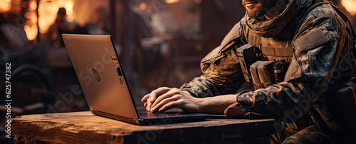 a soldier in military camouflage clothing sits in front of a laptop computer and plans something. Generative AI