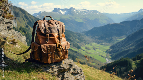 an old vintage leather backpack stands on a rock in the background you can see snow-covered mountains. hiking and trekking concept. Generative AI