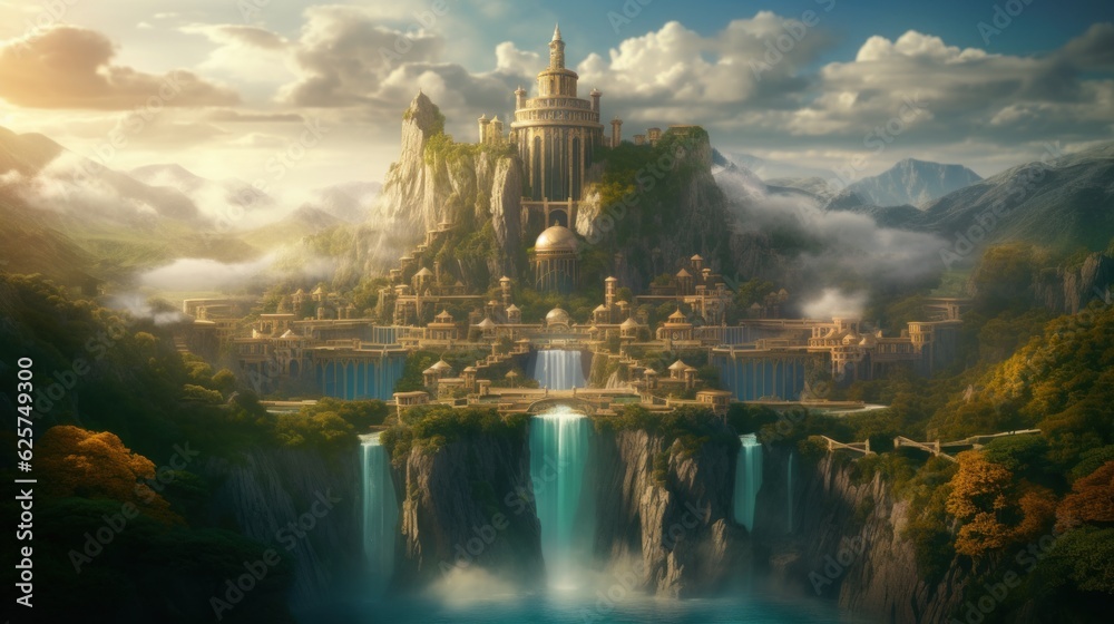Naklejka premium Fairytale fantasy city with waterfalls in the mountains at dawn in the morning. Ai generation