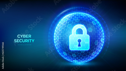 Cyber security. Information protect and or safe concept. Abstract 3D sphere or globe with surface of hexagons with Lock icon illustrates cyber data security or network security. Vector illustration.