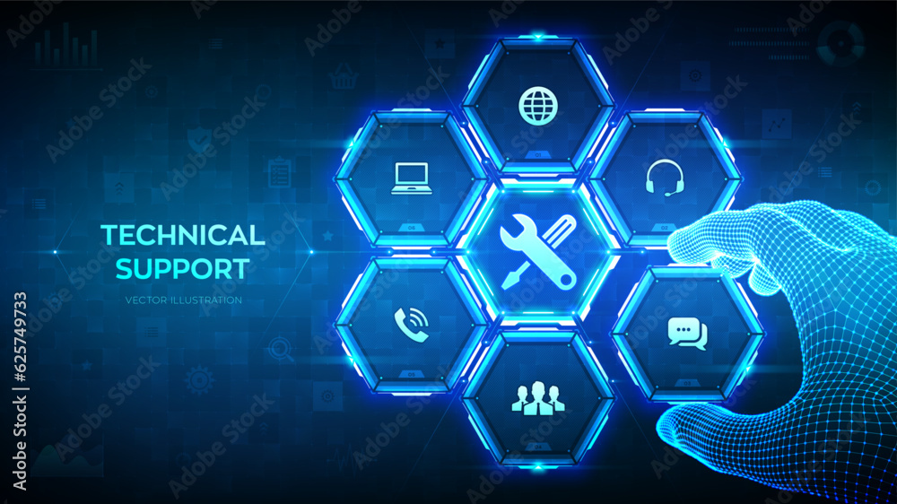 Technical support. Customer help. Customer service, Business and technology concept. Wireframe hand places an element into a composition visualizing tech support processes. Vector illustration. - obrazy, fototapety, plakaty 