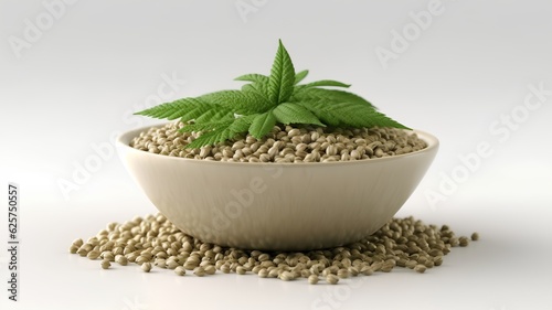 Organic hemp seeds in a bowl isolated on white background. 3d illustration