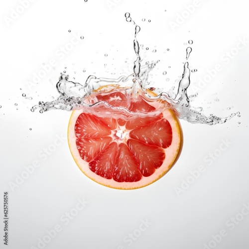 Fresh grapefruit slice falling into water with splash isolated on white background