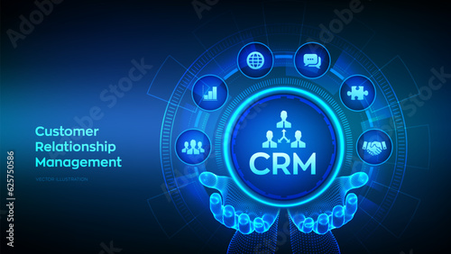 CRM. Customer Relationship Management. Customer service and relationship. Enterprise Communication and planning concept on virtual screen. Robotic hand touching digital interface. Vector illustration.