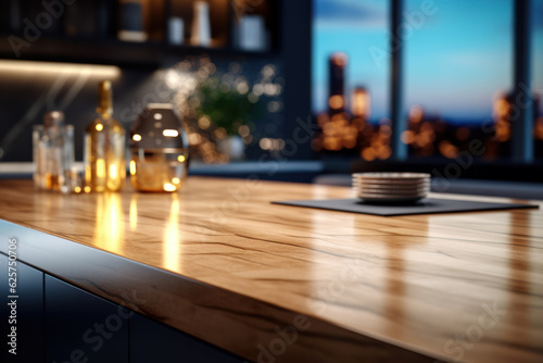 Copy space of luxury table top counter on blur kitchen abstract background. Food and product presentation. Generative Ai