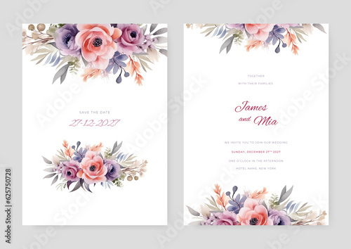 Beautiful watercolor wedding invitation template. Pink leave and flower background. Greeting card.