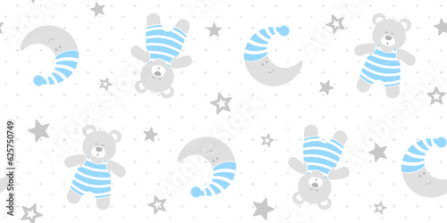 Cute crescent moon in a blue and white nightcap and sleeping teddy bear in a striped bodysuit on a white background with grey polka dots and stars. Vector seamless pattern for wrapping paper, giftwrap