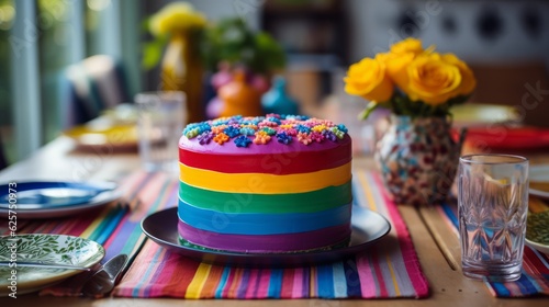 Colorful LGBTQ + pride - themed cake beautifully decorated and arranged on a dessert table, ready to be enjoyed at a festive event