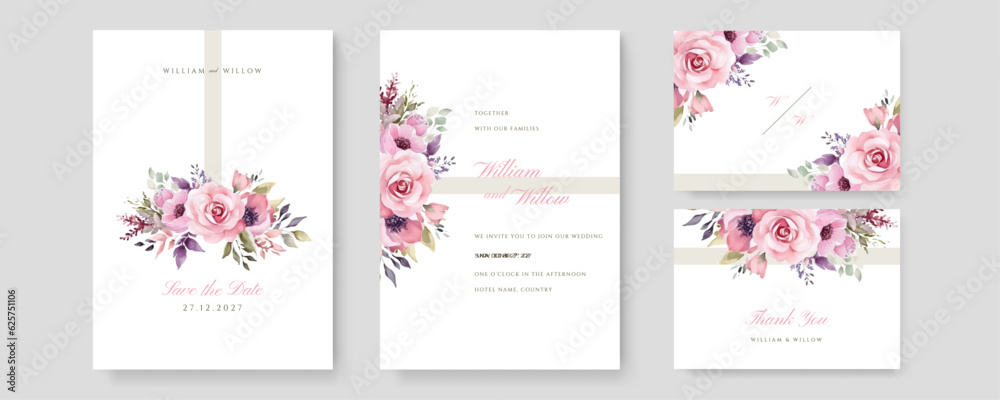 Beautiful watercolor wedding invitation template. Pink leave and flower background. Greeting card.