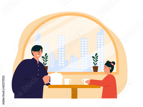 Coffee shop vector illistration. Coffee shop flat illustration. City cafe. Summer urban spring landscape. Flat design concept.