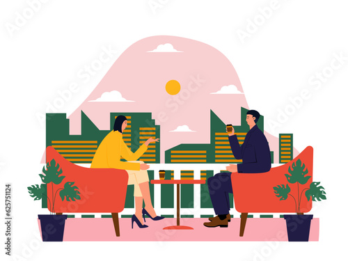 Coffee shop vector illistration. Coffee shop flat illustration. City cafe. Summer urban spring landscape. Flat design concept.