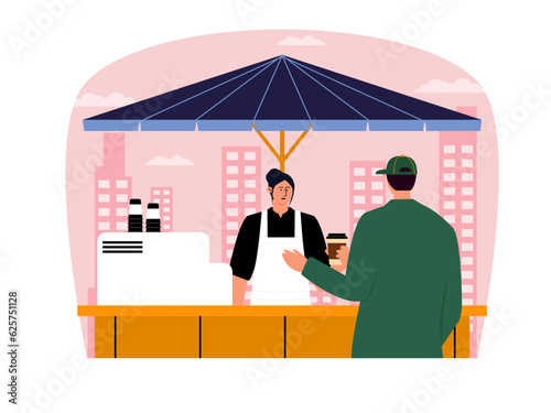 Coffee shop vector illistration. Coffee shop flat illustration. City cafe. Summer urban spring landscape. Flat design concept.