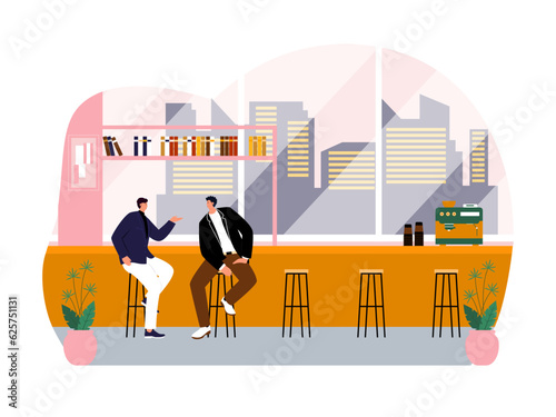 Coffee shop vector illistration. Coffee shop flat illustration. City cafe. Summer urban spring landscape. Flat design concept.