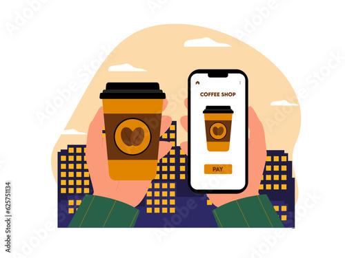 Coffee shop vector illistration. Coffee shop flat illustration. City cafe. Summer urban spring landscape. Flat design concept.
