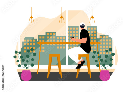 Coffee shop vector illistration. Coffee shop flat illustration. City cafe. Summer urban spring landscape. Flat design concept.