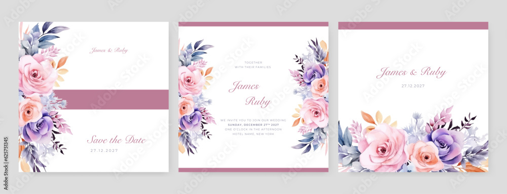Watercolor wedding invitation template with romantic purple violet floral and leaves decoration