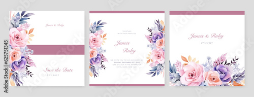 Fototapeta Naklejka Na Ścianę i Meble -  Watercolor wedding invitation template with romantic purple violet floral and leaves decoration