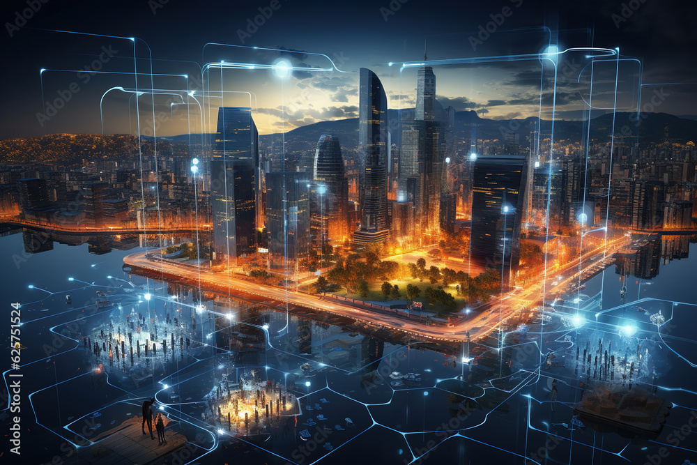Digital Overlay - Innovations and technology in Modern smart city with wireless network or big data connection technology concept