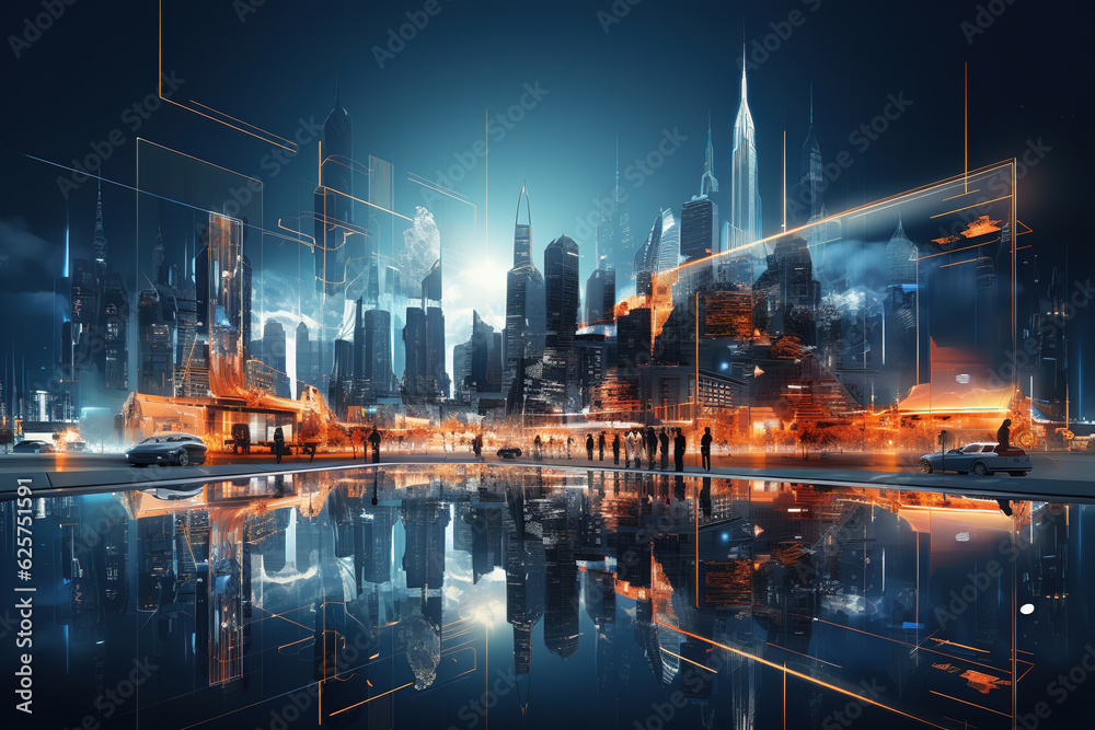 Digital Overlay - Innovations and technology in Modern smart city with wireless network or big data connection technology concept Digital Overlay - Innovations and technology in Modern smart city with wireless network or big data connection technology concept