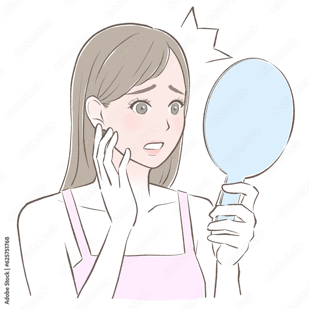 手鏡を見て日焼けにショックを受ける女性 手鏡を見て日焼けにショックを受ける女性