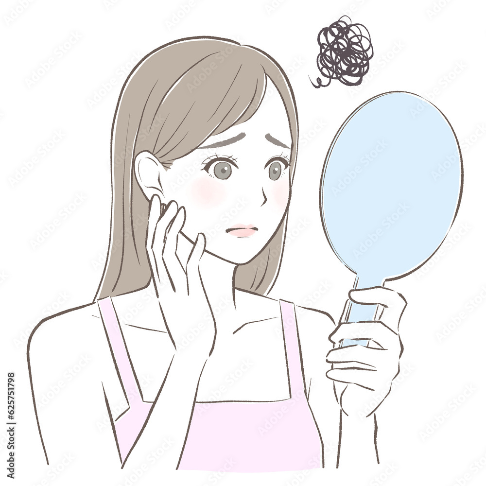 手鏡を見て肌に悩む女性