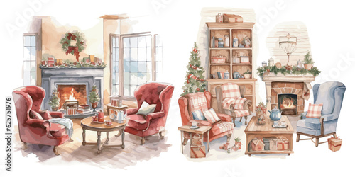 Watercolor Cozy Christmas sitting room clipart for graphic resources