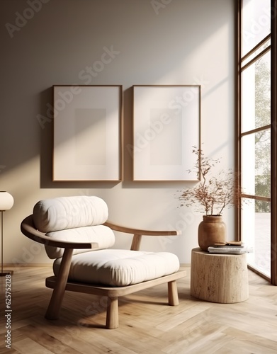 Frame mockup in a contemporary minimalist room interior with a soothing beige color scheme - 3D render. Made with Generative AI technology