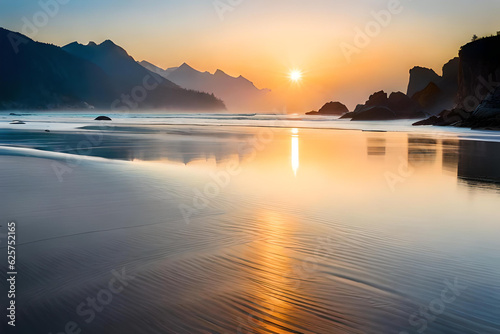 Fototapeta Summer seashore with calm water and golden sun reflection