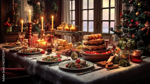 Merry Christmas dinner with elegant table setting, decorated tree, and candlelight ambiance.