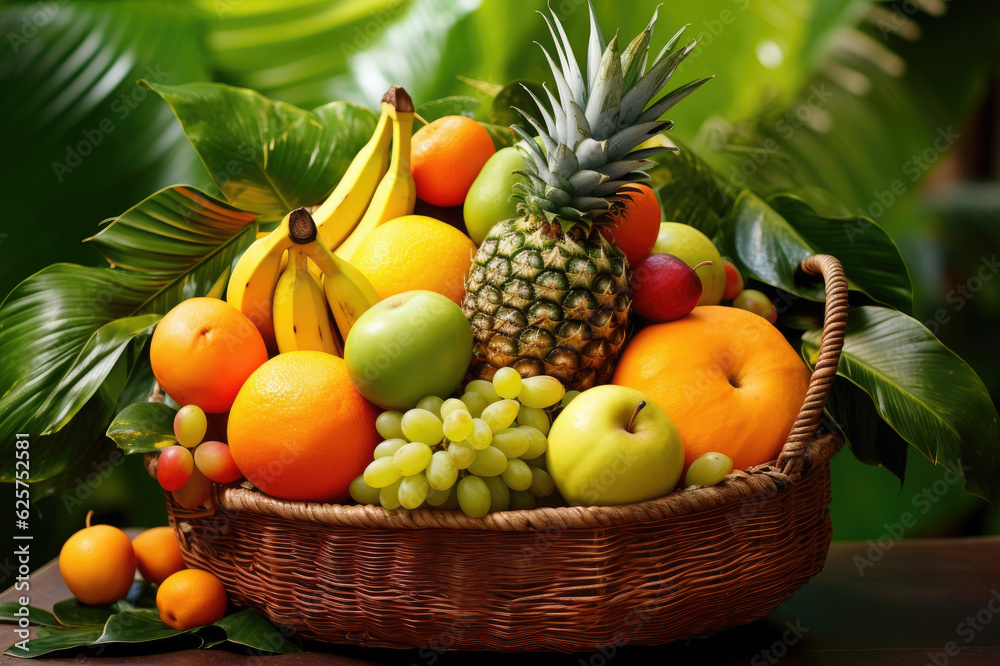 Wicker basket full of assorted tropical fruits on green leaves background