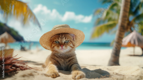 Stylish cat in a hat lounging on a tropical beach. Generative AI