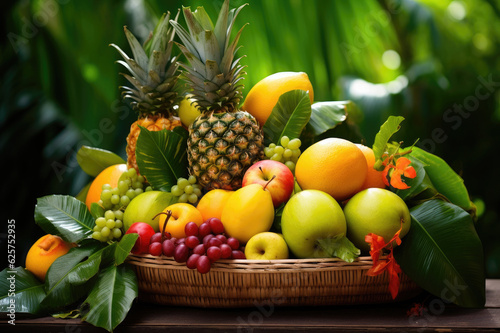 Wicker basket full of assorted tropical fruits on green leaves background