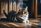 A cute tabby cat  in a room on a wooden floor generated by AI tool
