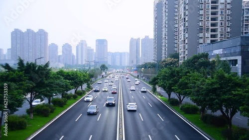 Highway and vehicle flow in Shuangliu District, Chengdu, Sichuan, China, time-lapse photography photo