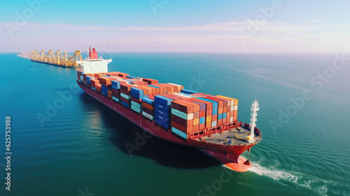 Aerial side view of cargo ship carrying container and running for export goods from cargo yard port to custom ocean concept technology transportation , customs clearance