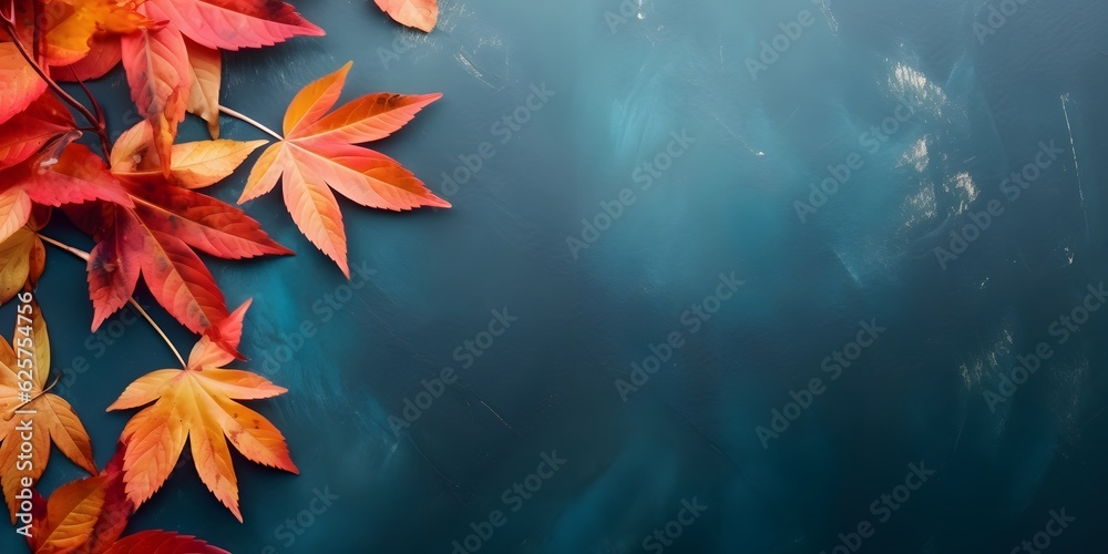 Autumn background with colored red leaves on blue slate background. Top view, copy space, AI Generated - obrazy, fototapety, plakaty 