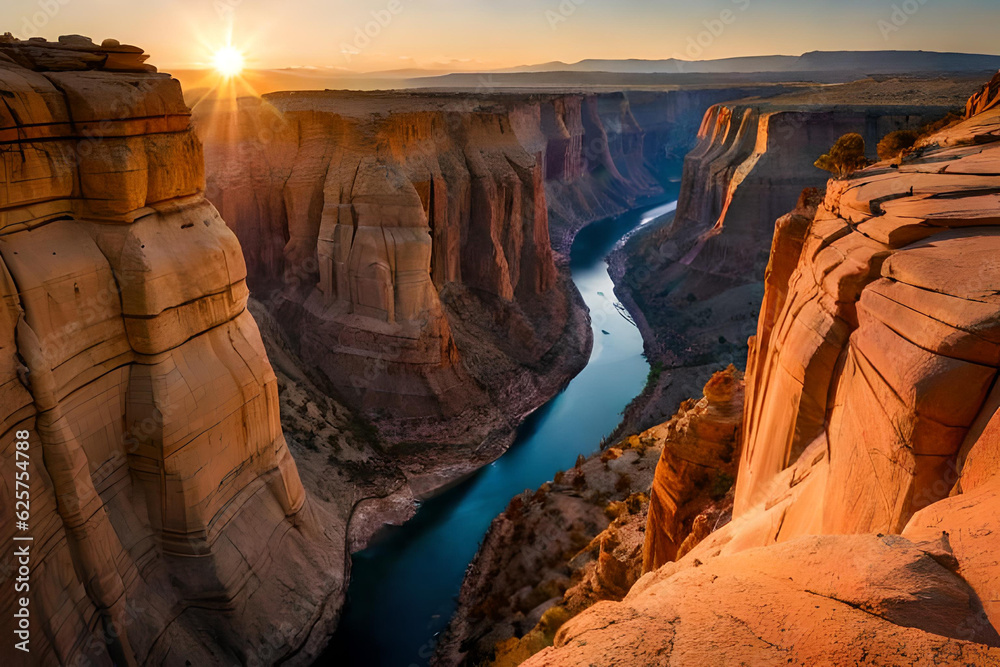 Grand canyon state of desert land sea shore. Long river between desert cliff to the sea