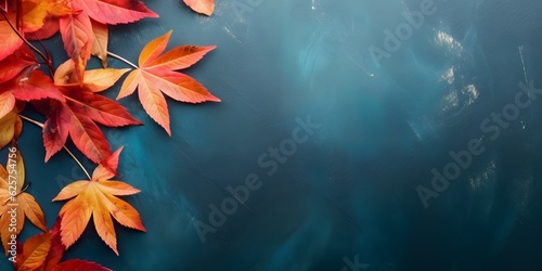 Autumn background with colored red leaves on blue slate background. Top view, copy space, AI Generated photo