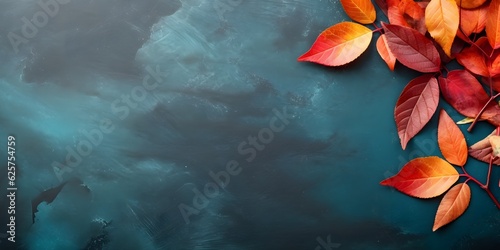 Autumn background with colored red leaves on blue slate background. Top view, copy space, AI Generated