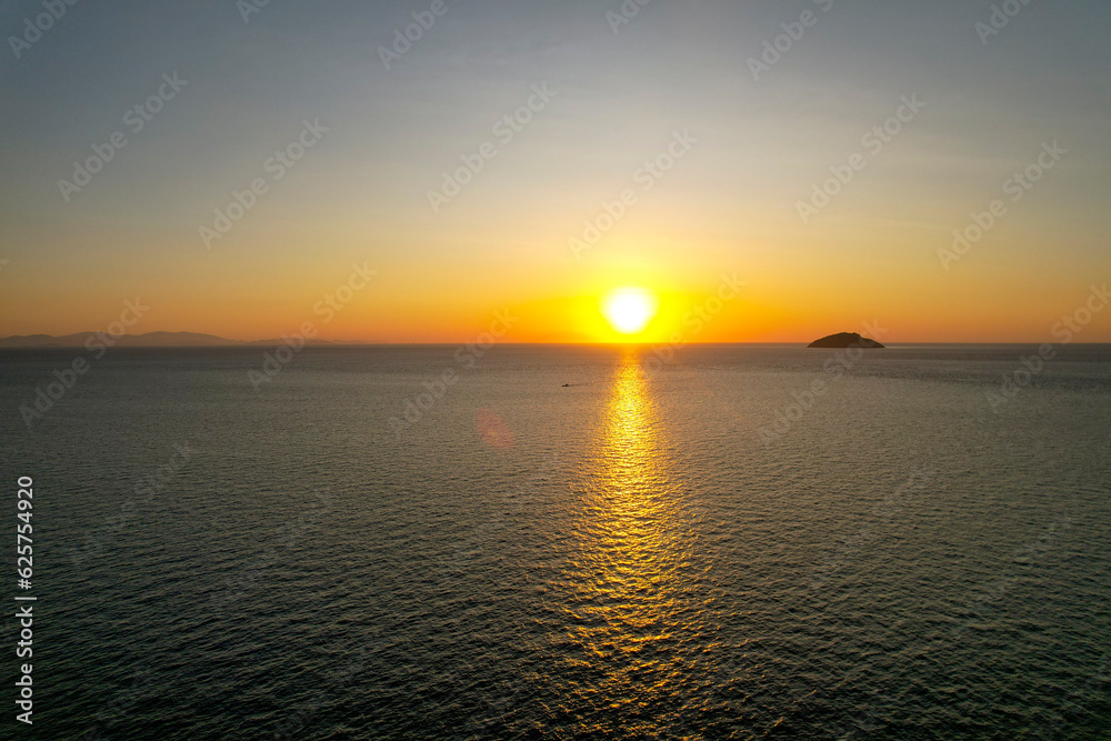 Aerial Sunset ocean golden time view in Labuan Bajo