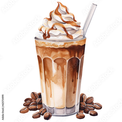 Frappuccino, Iced coffee, Morning coffee mug, Refreshing Watercolor Beverage Art for creative designs, Cold drink cutout. Isolated on Transparent Background. Generative AI