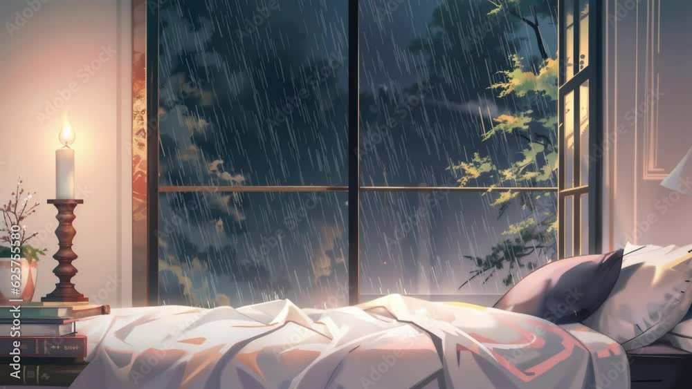 A rainy day in a bedroom, a window with rain falling down, anime art animation