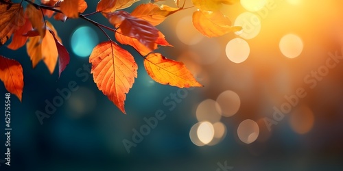 Autumn colorful bright leaves swinging in a tree in autumnal park. Autumn colorful background, fall backdrop, AI generative