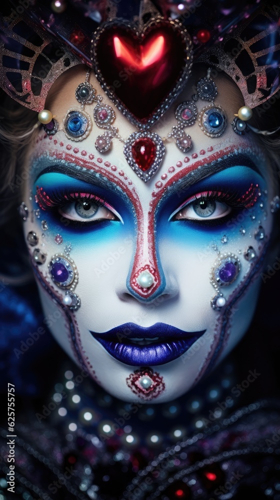Day of the Dead. Dios de los muertos. Costume clown makeup. Masquerade model. Dark beauty.